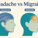 Side-by-side head diagrams: a headache shown as a dull band of pain across the whole head, and a migraine shown as throbbing pain on one side of the head with light sensitivity.