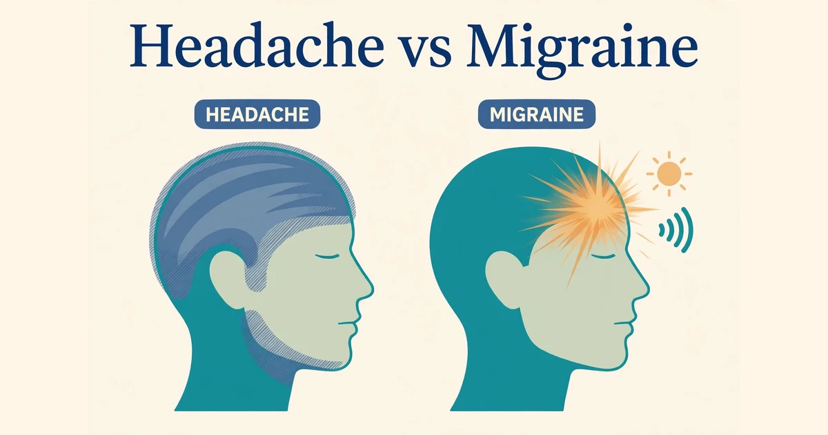 Side-by-side head diagrams: a headache shown as a dull band of pain across the whole head, and a migraine shown as throbbing pain on one side of the head with light sensitivity.