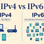 Side-by-side illustration of IPv4 and IPv6: a short dotted address with a few devices on the left, and a long hexadecimal address with many connected devices on the right, titled IPv4 vs IPv6.