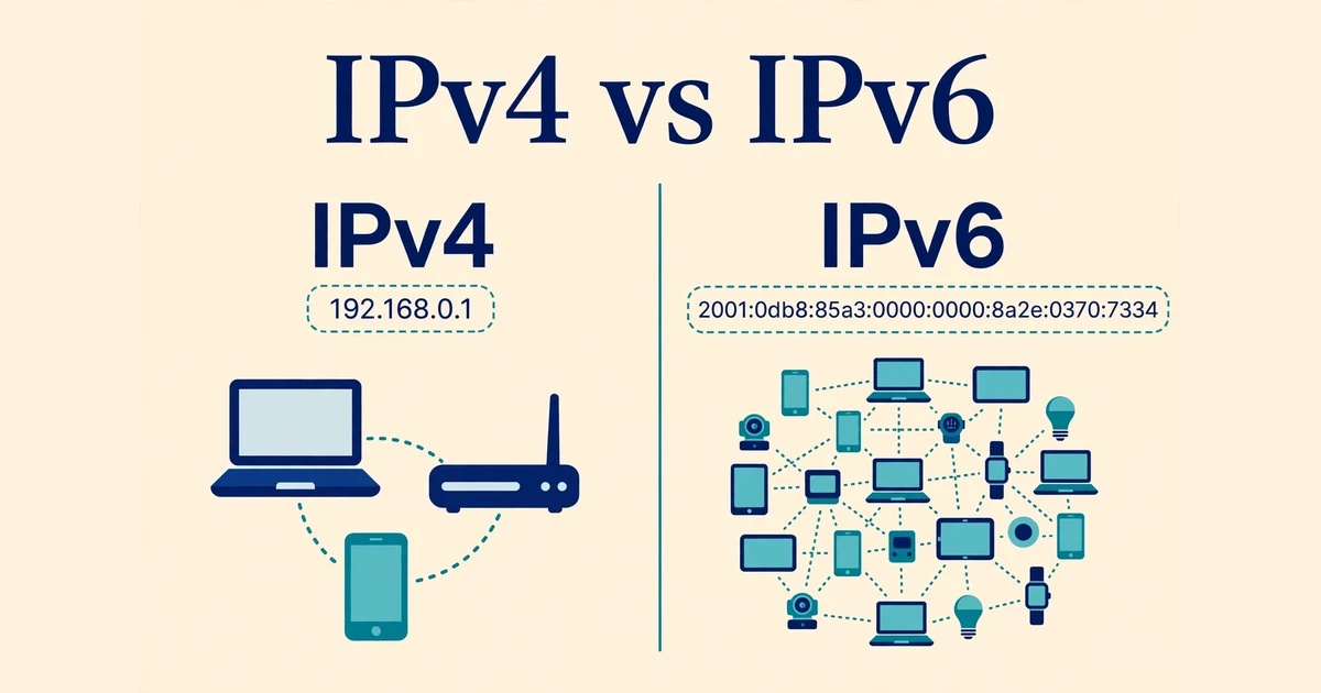 Side-by-side illustration of IPv4 and IPv6: a short dotted address with a few devices on the left, and a long hexadecimal address with many connected devices on the right, titled IPv4 vs IPv6.
