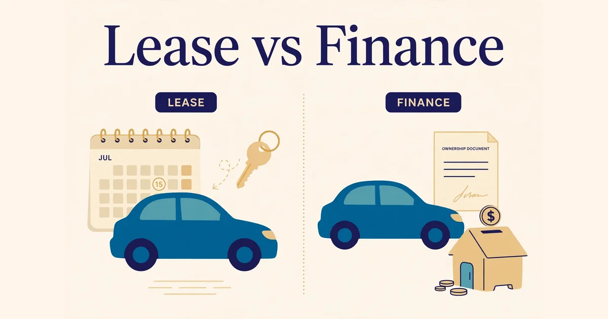 Side-by-side illustration of leasing a car, where the car is returned at the end of the term, next to financing a car, where the driver owns it after the loan.