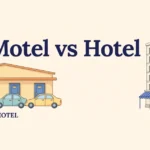Side-by-side illustration of a low roadside motel with cars parked in front of the room doors, next to a tall city hotel with a lobby entrance.