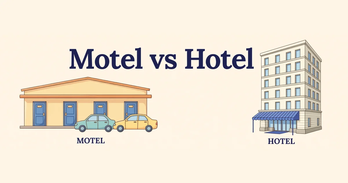 Side-by-side illustration of a low roadside motel with cars parked in front of the room doors, next to a tall city hotel with a lobby entrance.