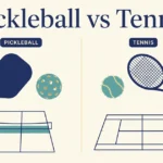 Side-by-side illustration of pickleball and tennis: a solid paddle and a perforated plastic ball on a small court, next to a strung racket and a felt ball on a larger court, titled Pickleball vs Tennis.