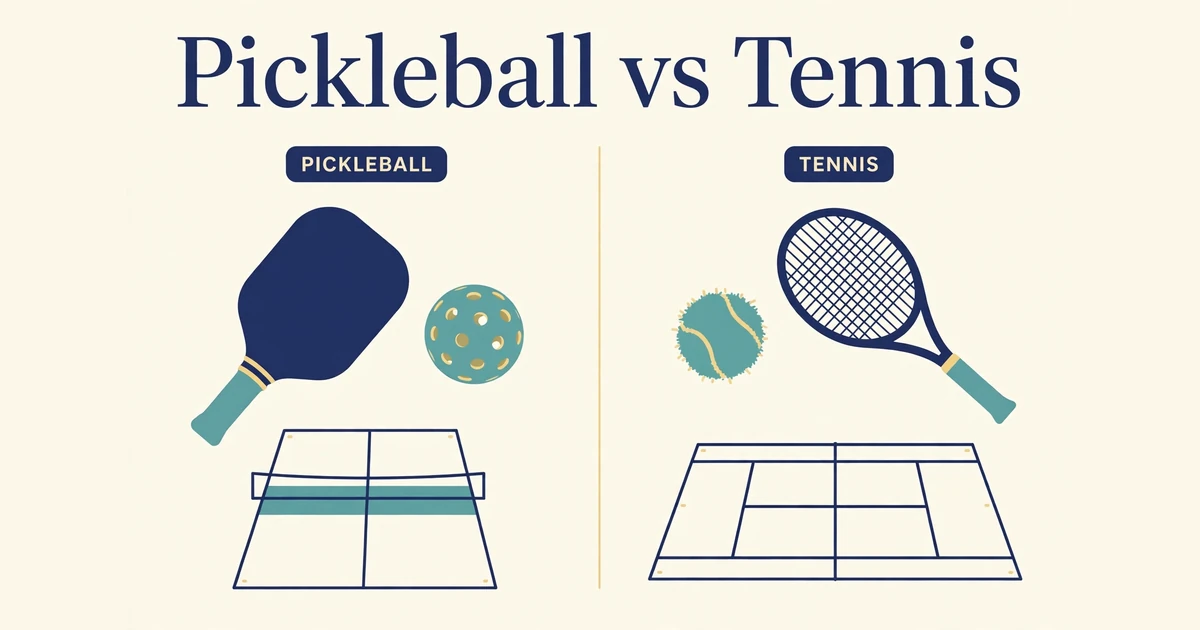 Side-by-side illustration of pickleball and tennis: a solid paddle and a perforated plastic ball on a small court, next to a strung racket and a felt ball on a larger court, titled Pickleball vs Tennis.
